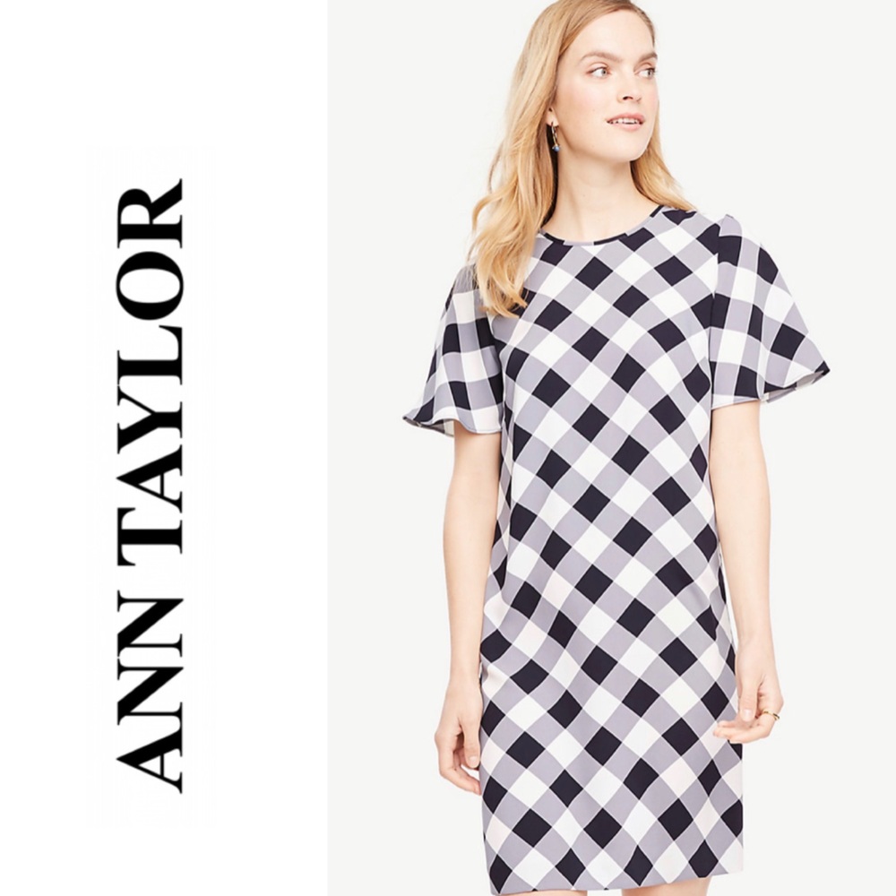 NWT💕ANN TAYLOR Gingham Ruffle Sleeve Shift Dress Size 6